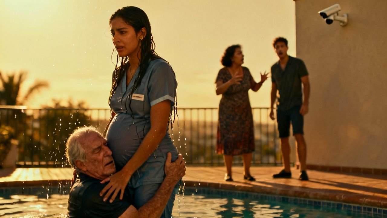 Cuidadora embarazada empujando la silla de ruedas de un anciano en la terraza de una residencia junto a una piscina