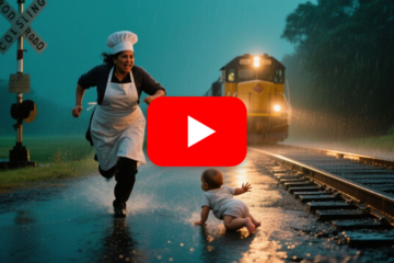 Cocinera de fonda corriendo bajo la lluvia hacia las vías del tren para rescatar a un bebé gateando