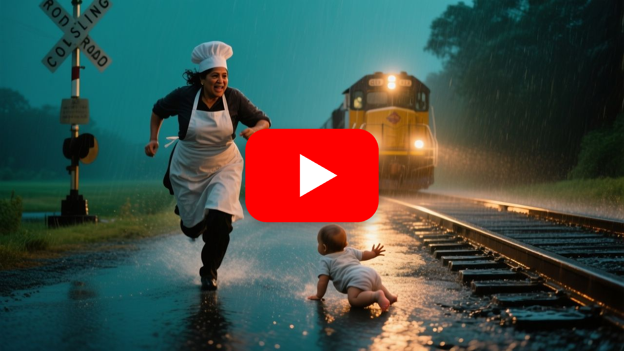 Cocinera de fonda corriendo bajo la lluvia hacia las vías del tren para rescatar a un bebé gateando