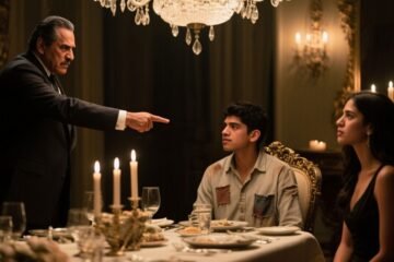 Joven de camisa azul desteñida sentado en elegante comedor de mansión, siendo observado por el padre millonario de su novia