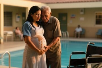 Cuidadora embarazada empapada junto a la piscina de la residencia Los Aromos tras rescatar al abuelo Saturno en silla de rued