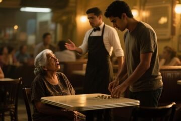 Doña Rosa de pie en la cafetería mirando directo a la cámara tras pagar su café con monedas