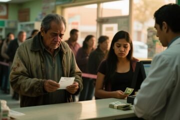Anciano contando monedas sobre el mostrador de una farmacia mientras el dependiente retira su caja de medicina