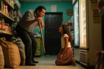 Padre protegiendo a su hija maestra de su esposo agresor dentro del colmado familiar durante la noche