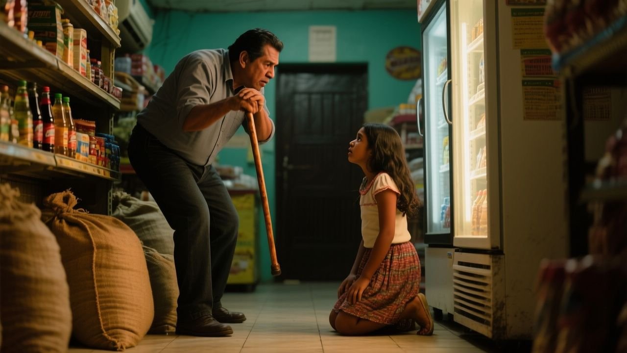Padre protegiendo a su hija maestra de su esposo agresor dentro del colmado familiar durante la noche