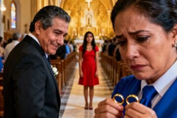 Mujer de vestido rojo de pie en el pasillo de una iglesia durante una boda de plata, mirando fijamente al novio