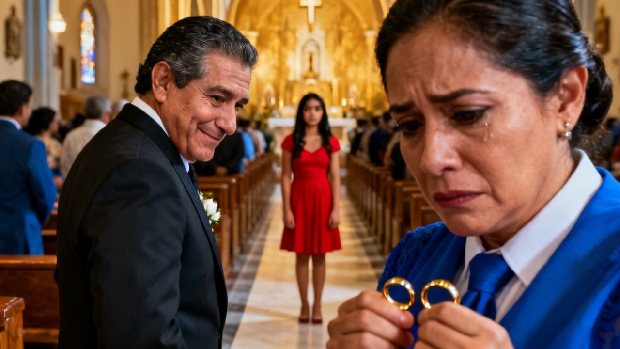 Mujer de vestido rojo de pie en el pasillo de una iglesia durante una boda de plata, mirando fijamente al novio