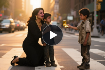 Niño de la calle con camiseta grande sostiene un medallón dorado con dos fotos de bebés idénticos frente a una mujer y su hij