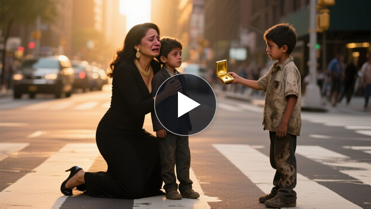 Niño de la calle con camiseta grande sostiene un medallón dorado con dos fotos de bebés idénticos frente a una mujer y su hij