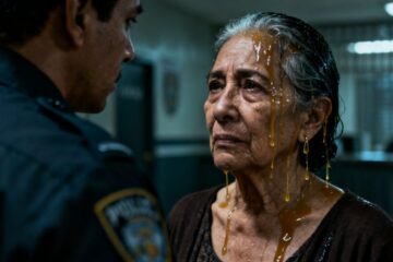 Señora mayor sentada en un destacamento policial con su cartera sobre las rodillas esperando para denunciar el robo de su mot