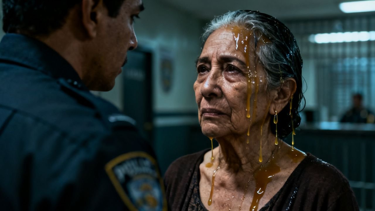 Señora mayor sentada en un destacamento policial con su cartera sobre las rodillas esperando para denunciar el robo de su mot