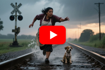 Doña Ernestina corriendo bajo la lluvia hacia el cruce ferroviario para rescatar a un cachorro color miel sentado sobre las v