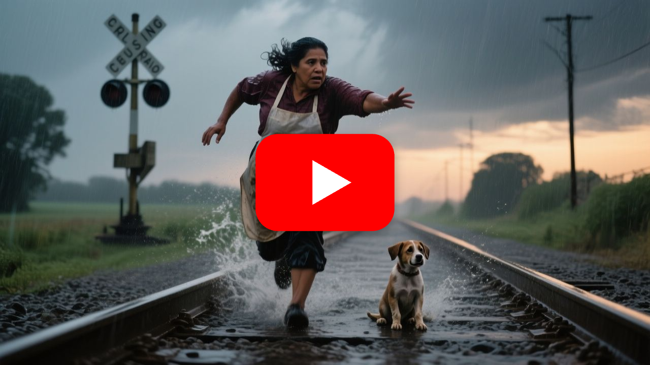 Doña Ernestina corriendo bajo la lluvia hacia el cruce ferroviario para rescatar a un cachorro color miel sentado sobre las v