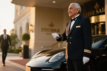 Valet mayor de uniforme azul marino recibiendo la llave de un Lamborghini naranja frente a un hotel de lujo, con un joven mil