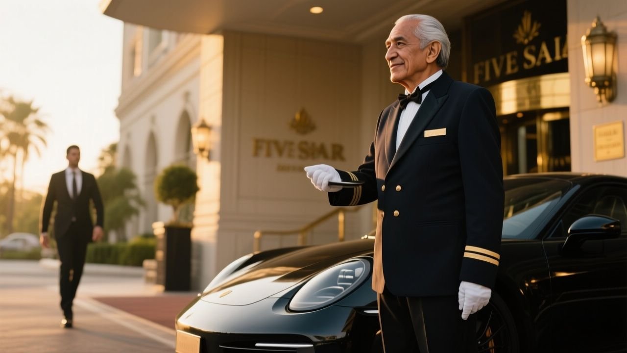 Valet mayor de uniforme azul marino recibiendo la llave de un Lamborghini naranja frente a un hotel de lujo, con un joven mil