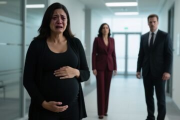 Empleada embarazada de nueve meses llorando en el pasillo de una oficina tras ser humillada por su jefa de traje granate