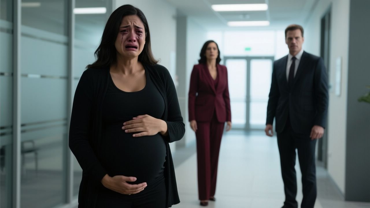 Empleada embarazada de nueve meses llorando en el pasillo de una oficina tras ser humillada por su jefa de traje granate