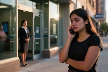 Joven con bolso de tela sentada en la acera frente a un banco, humillada tras ser empujada por la gerente
