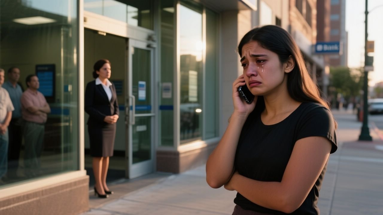 Joven con bolso de tela sentada en la acera frente a un banco, humillada tras ser empujada por la gerente