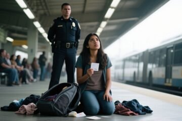 Joven de chamarra gris arrodillada en el andén recogiendo sus pertenencias del piso mientras un guardia la observa