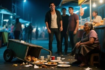 Joven de camisa azul discute con doña Rosa, vendedora de empanadas, en un puesto callejero del mercado mientras sus amigos ob