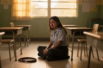 Salón de clases vacío con pupitres metálicos y un lápiz tirado en el piso de cerámica junto a la luz de la tarde