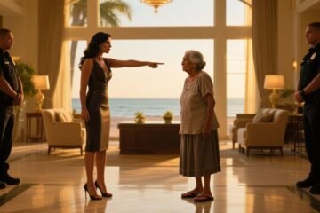 Abuela humilde con chancletas de pie en el lobby de un hotel de lujo frente a una mujer elegante que la señala con desprecio
