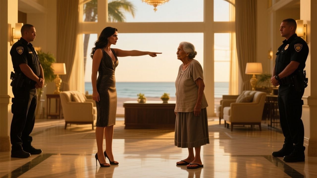 Abuela humilde con chancletas de pie en el lobby de un hotel de lujo frente a una mujer elegante que la señala con desprecio