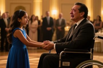 Niña de vestido azul celeste extendiendo las manos hacia un hombre en silla de ruedas en un salón elegante