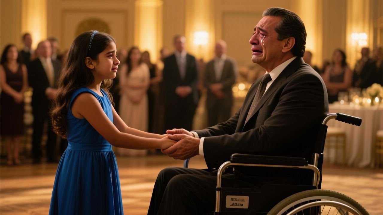 Niña de vestido azul celeste extendiendo las manos hacia un hombre en silla de ruedas en un salón elegante