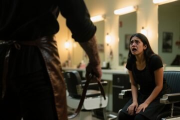 Mujer estilista arrodillada en el piso de su salón mientras un hombre sostiene una correa y un espejo refleja la escena