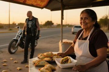 Doña Marta sonríe frente a su puesto de empanadas mientras un motociclista le tira billetes al suelo en la carretera