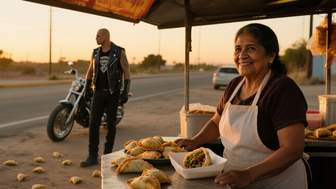 Doña Marta sonríe frente a su puesto de empanadas mientras un motociclista le tira billetes al suelo en la carretera