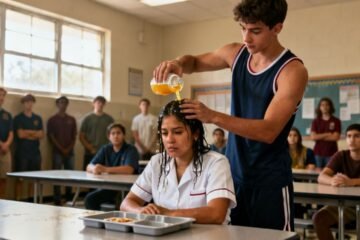 Cocinera con delantal blanco sentada sola en el comedor de maestros de una secundaria con su fiambrera abierta sobre la mesa