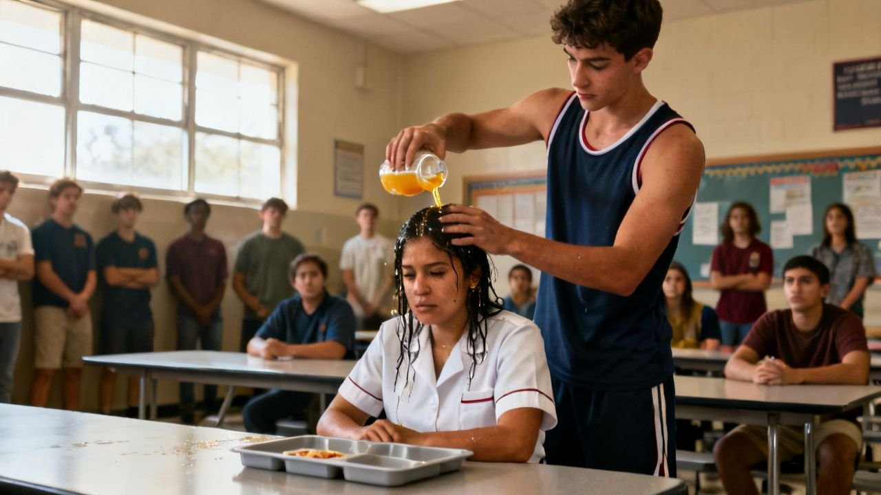 Cocinera con delantal blanco sentada sola en el comedor de maestros de una secundaria con su fiambrera abierta sobre la mesa