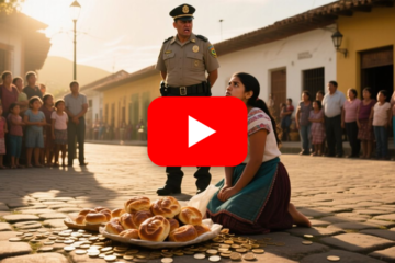 Pan dulce tirado en las losas de la plaza frente a la iglesia, con monedas dispersas y una vendedora de rodillas tras ser emp