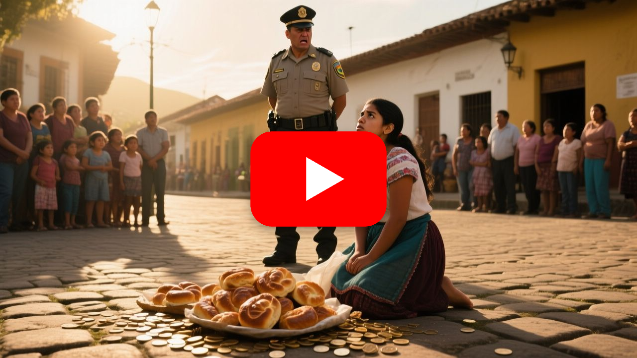 Pan dulce tirado en las losas de la plaza frente a la iglesia, con monedas dispersas y una vendedora de rodillas tras ser emp