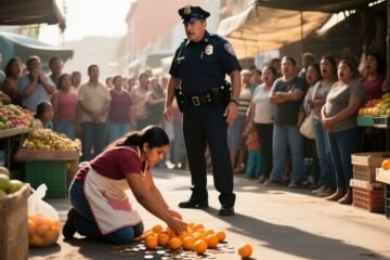 Joven vendedora con mandil mostaza junto a su puesto de naranjas en el mercado de La Merced