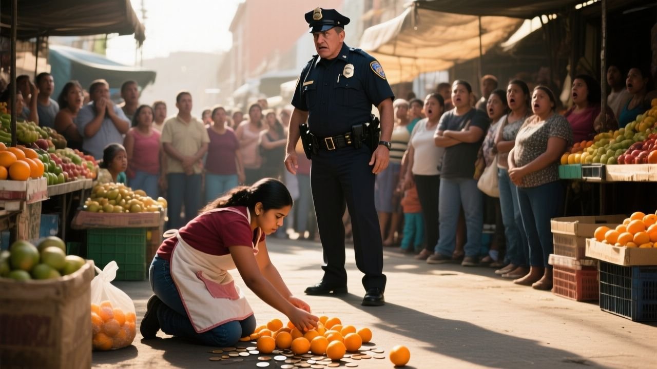 Joven vendedora con mandil mostaza junto a su puesto de naranjas en el mercado de La Merced