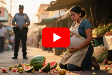 Mujer embarazada vendiendo frutas en un mercado popular junto a cajas de sandías y naranjas