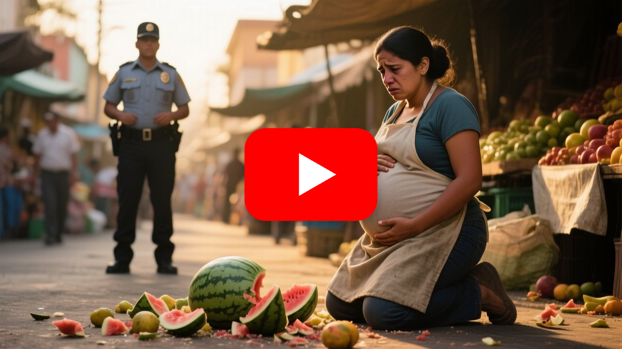 Mujer embarazada vendiendo frutas en un mercado popular junto a cajas de sandías y naranjas