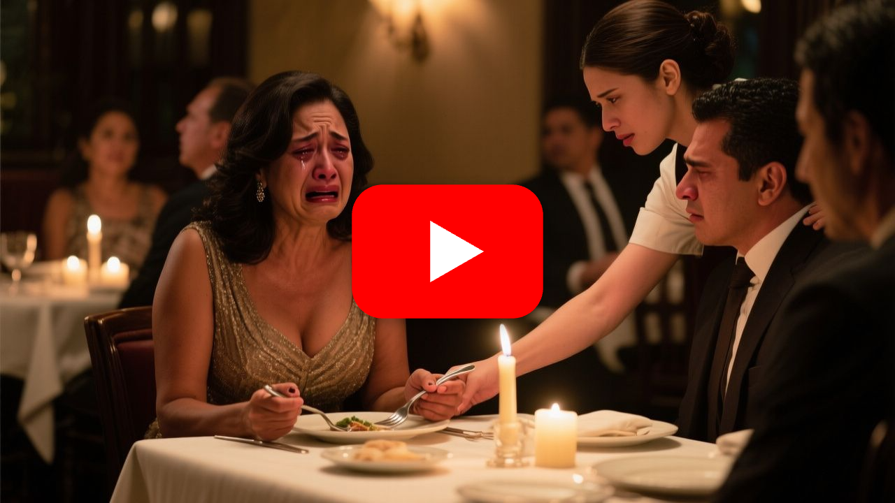 Ernesto y Leticia en una cena elegante del Restaurante Aurora, con un tenedor caído sobre el mantel blanco y Lupita observand