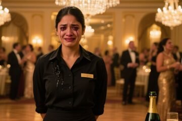 Mesera con uniforme negro manchado de champán durante la gala en el Hotel Rosalinda