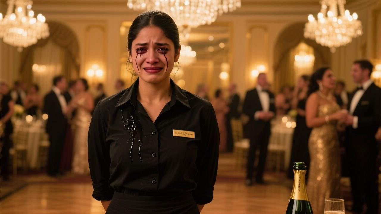 Mesera con uniforme negro manchado de champán durante la gala en el Hotel Rosalinda