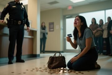 Joven humilde arrodillada recogiendo monedas del piso de mármol de un banco mientras un guardia la observa