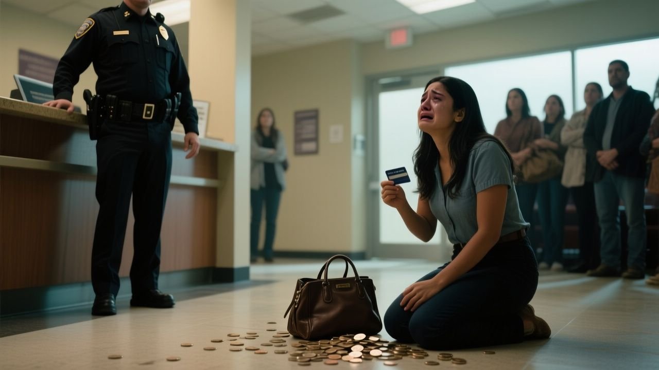 Joven humilde arrodillada recogiendo monedas del piso de mármol de un banco mientras un guardia la observa