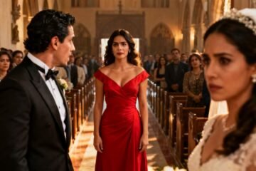 Mujer con vestido rojo caminando por el pasillo central de una iglesia durante una boda