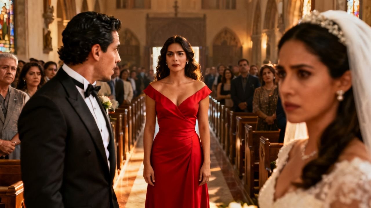 Mujer con vestido rojo caminando por el pasillo central de una iglesia durante una boda