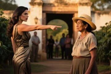 Señora mayor con sombrero de paja de ala ancha de pie frente al portal de una hacienda cafetalera