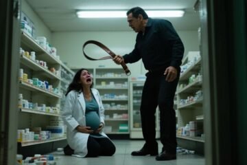 Padre protegiendo a su hija embarazada detrás del mostrador de una farmacia mientras enfrenta al agresor